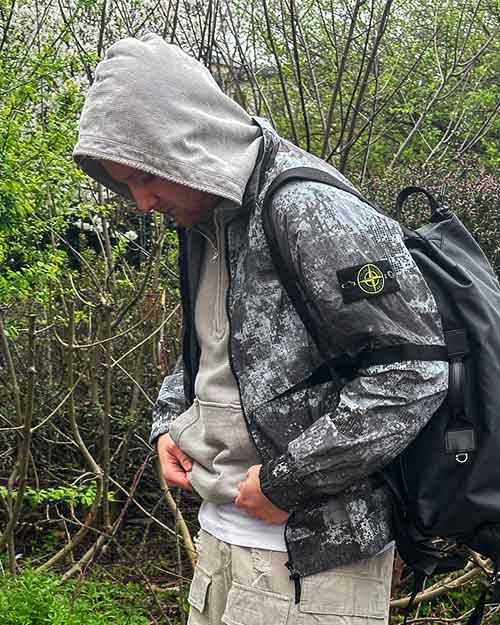 Stone Island Grey Camo Mesh Jacket. Paired with Grey Closed Loop Hoodie