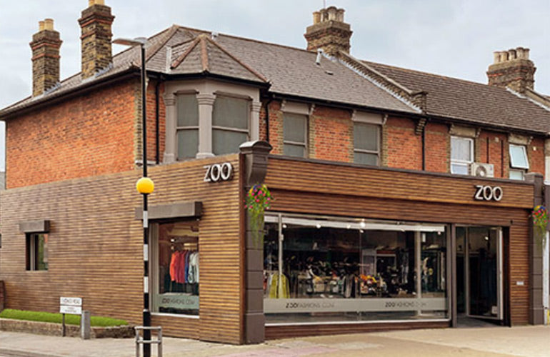 Zoo Fashions. Brick-and-mortar mens designer clothing store in Ilford Essex. Store Exterior. Stockist of designer brands including Casablanca, Kenzo, Nahmias, Off-White