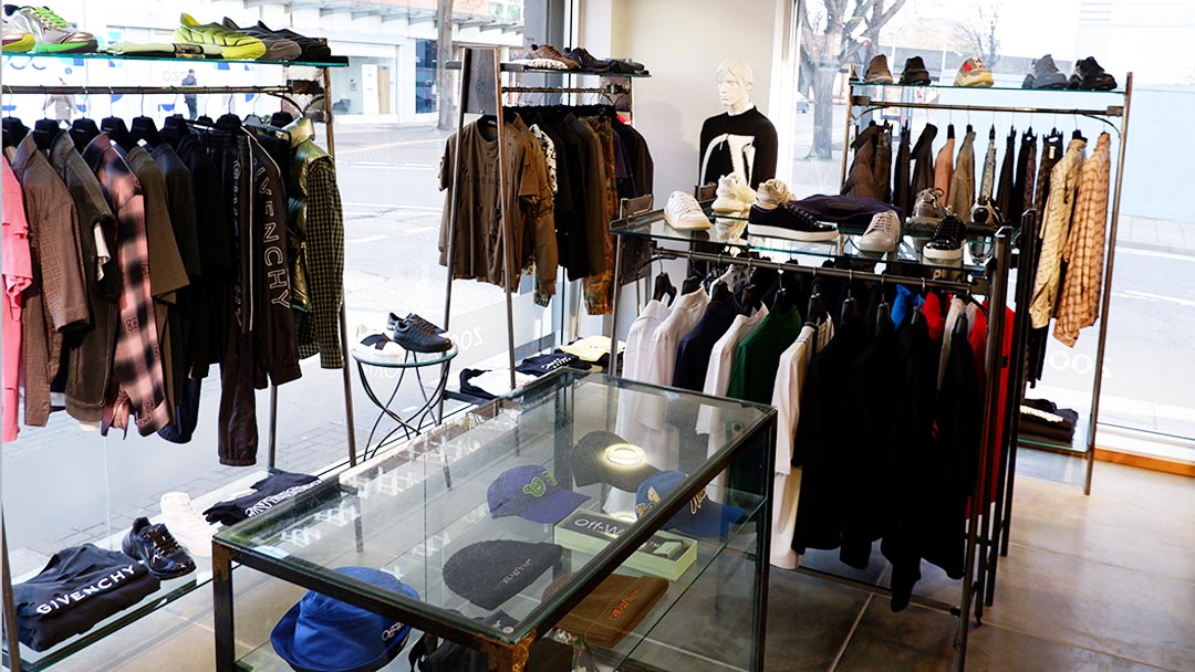 Zoo Fashions. Brick-and-mortar mens designer clothing store in Ilford Essex. Store Interior. Stockist of designer brands including Givenchy, Stone Island, Palm Angels and Off-White
