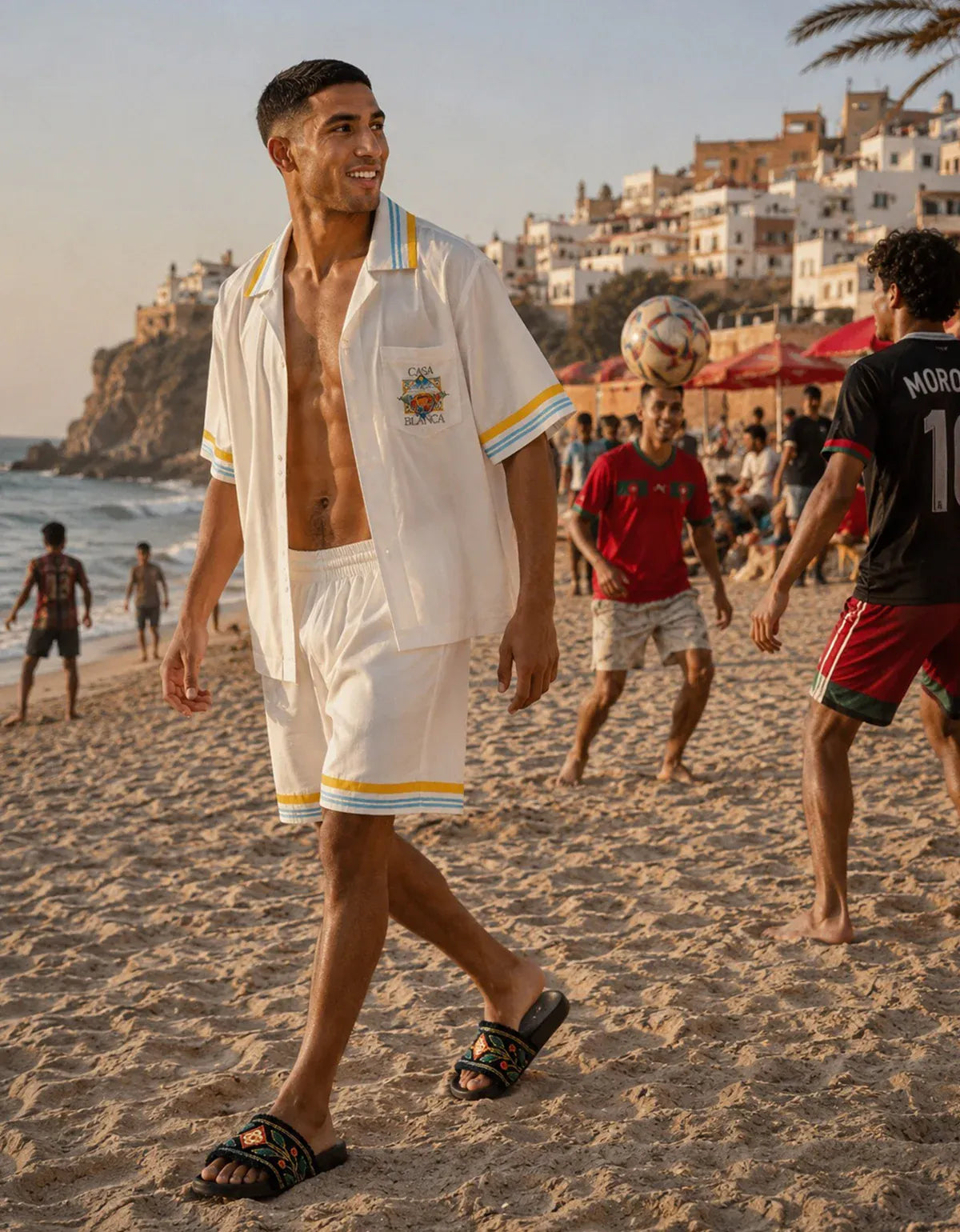 Experience the allure of the sun, sand, and swimwear with our curated selection of men's designer beachwear. Amiri Silk Shirt and Shorts set, Casablanca Silk Shirts, Christian Louboutin sandals