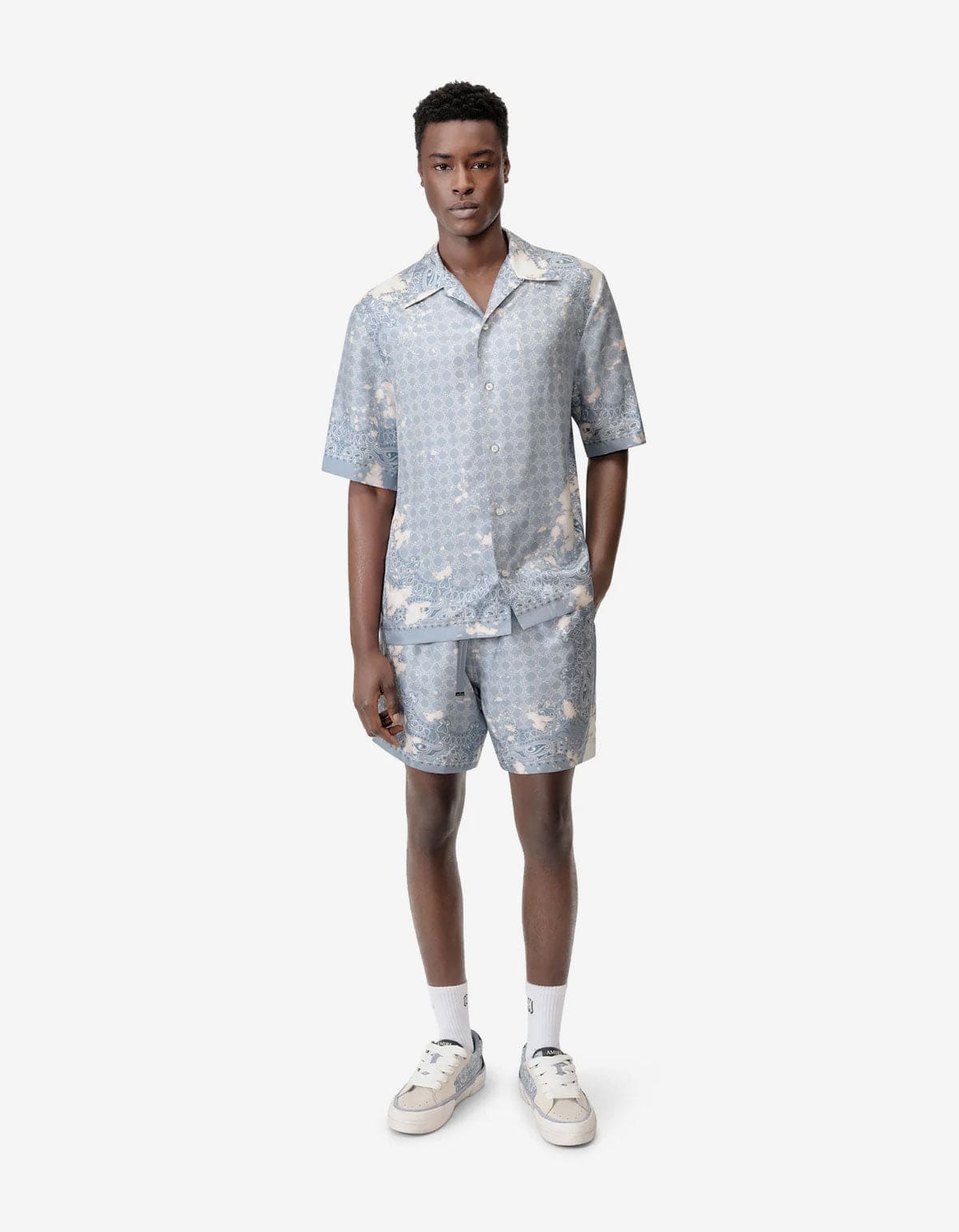 Amiri Blue Bleach Bandana Silk Bowling Shirt – Zoo Fashions Amiri Blue Bleach Bandana Silk Bowling Shirt – Zoo Fashions