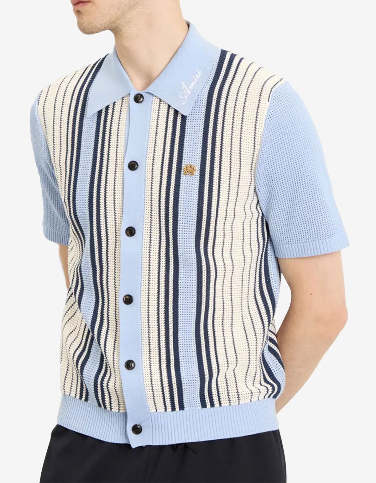 Amiri Blue Stripe Script Knit Shirt – Zoo Fashions Amiri Blue Stripe Script Knit Shirt – Zoo Fashions