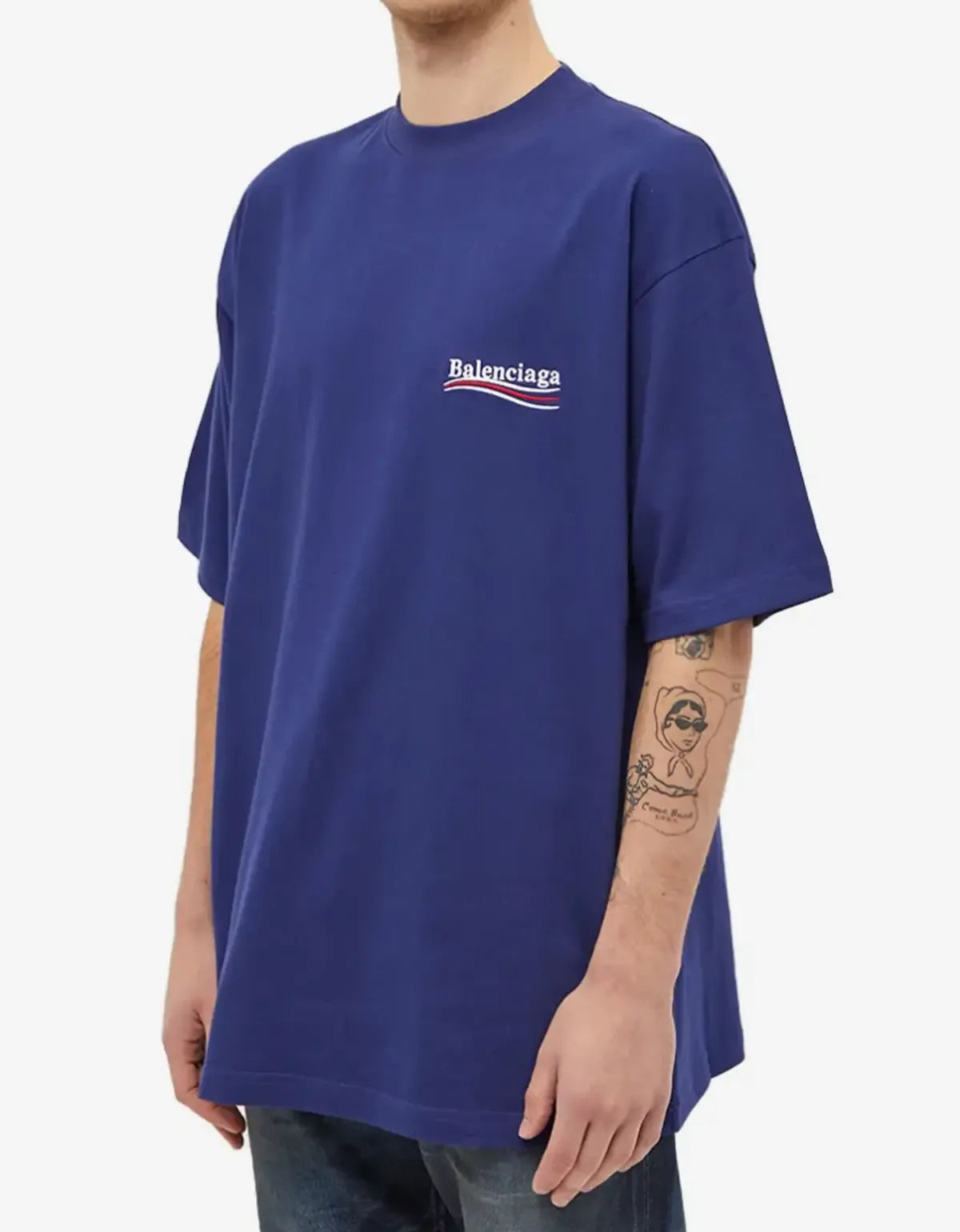 Balenciaga Pacific Blue Political Logo Print Large Fit T-Shirt Large Fit T-Shirt
