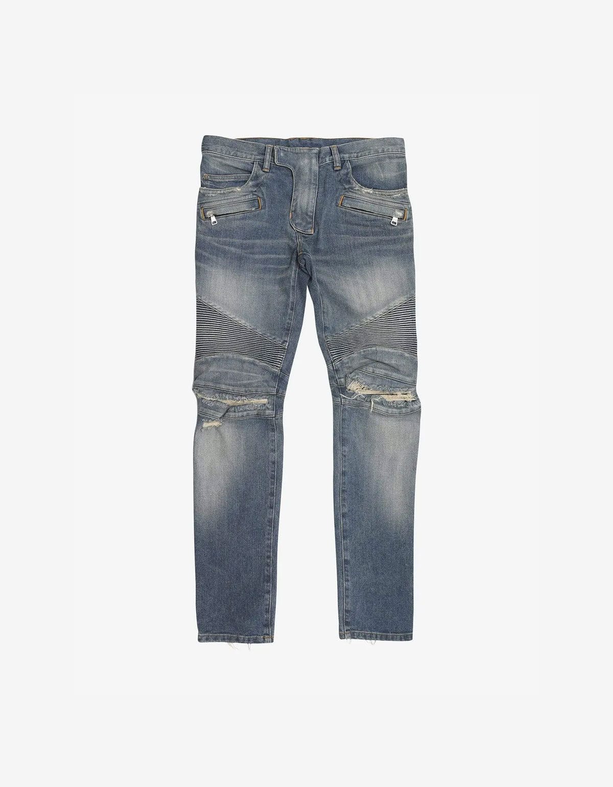 Balmain Stonewash Skinny Biker Ripped Knee Jeans