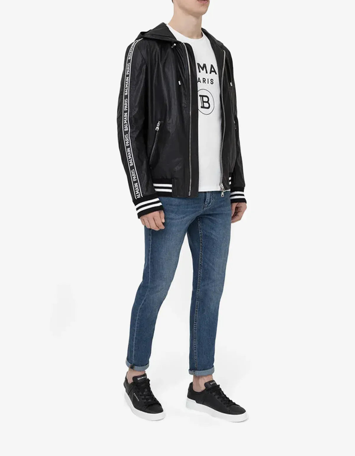 Balmain Black Coated Nylon Logo Band Jacket