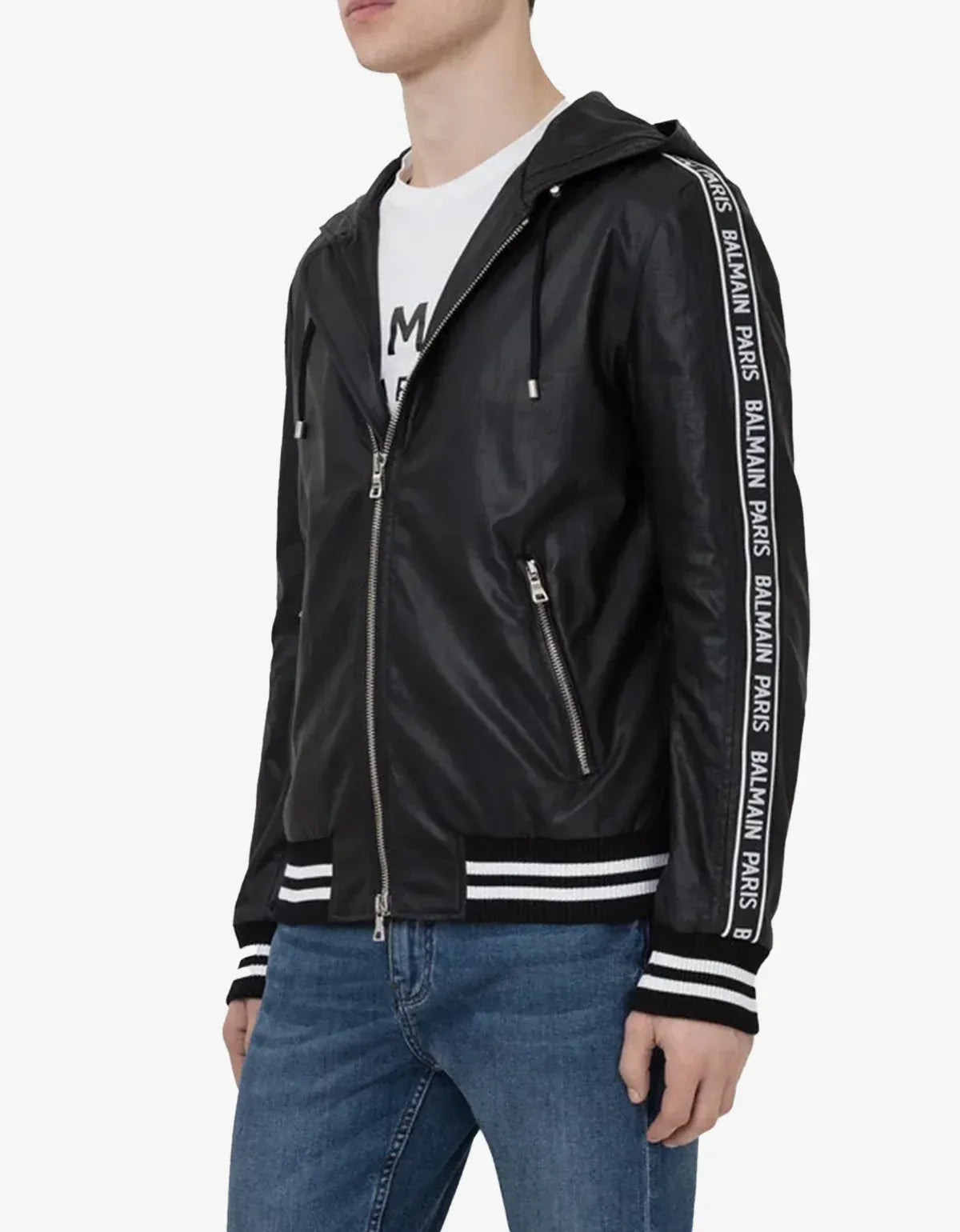 Balmain Black Coated Nylon Logo Band Jacket