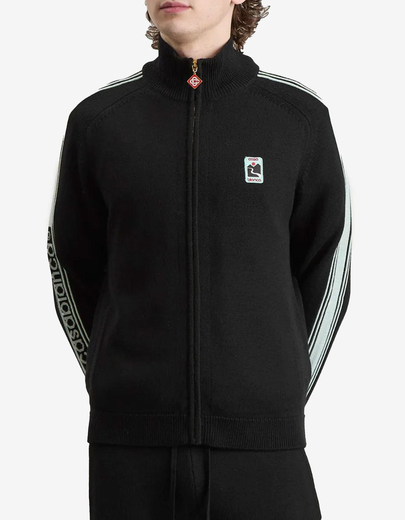 Casablanca Black Merino Wool Track Jacket MPF25-KW-1003-01. Black tracksuit with stripes on sleeves, and a logo on the chest