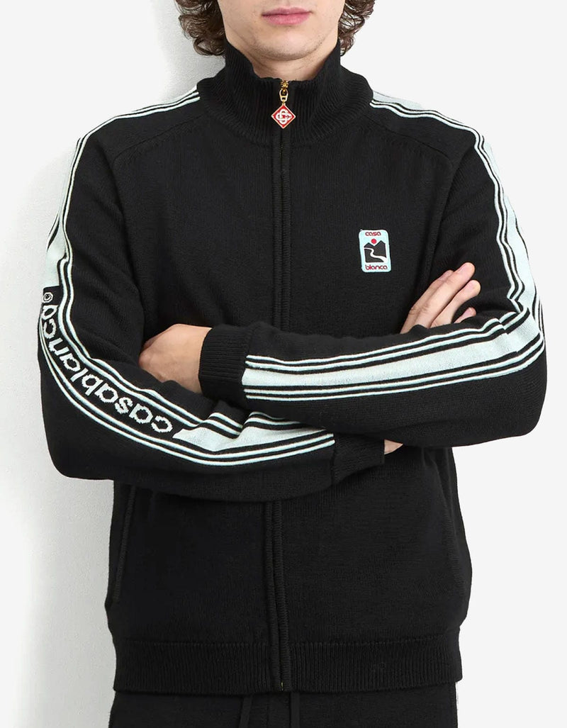 Casablanca Black Merino Wool Track Jacket MPF25-KW-1003-01. Black tracksuit with stripes on sleeves, and a logo on the chest