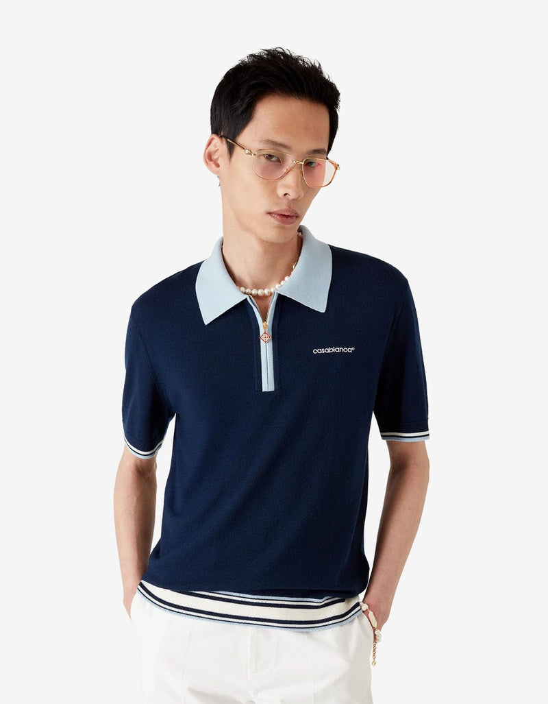 Casablanca Blue Merino Knit Tennis Polo Shirt MPF25-KW-1002-01