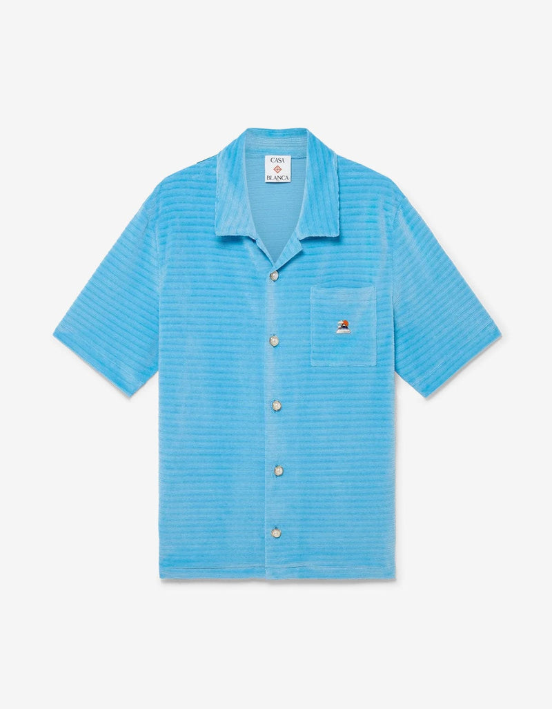 Casablanca Blue Velour Stripe Short Sleeve Shirt MPF25-JTP-384-01