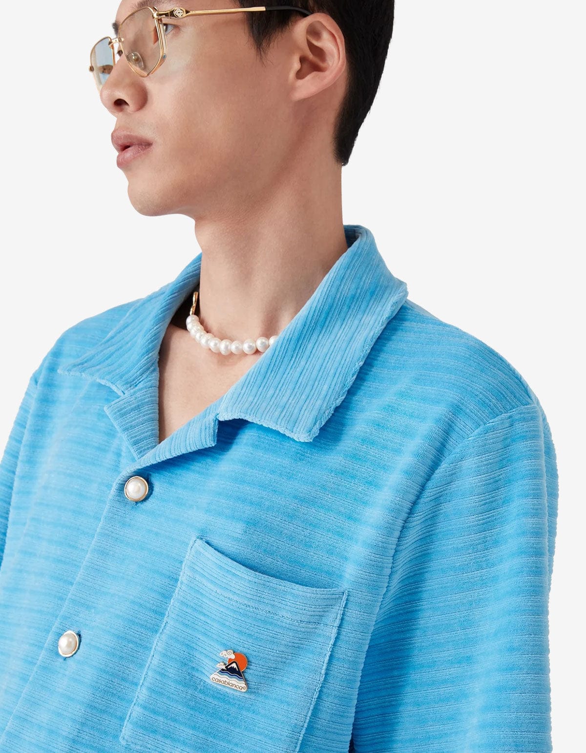 Casablanca Blue Velour Stripe Short Sleeve Shirt MPF25-JTP-384-01