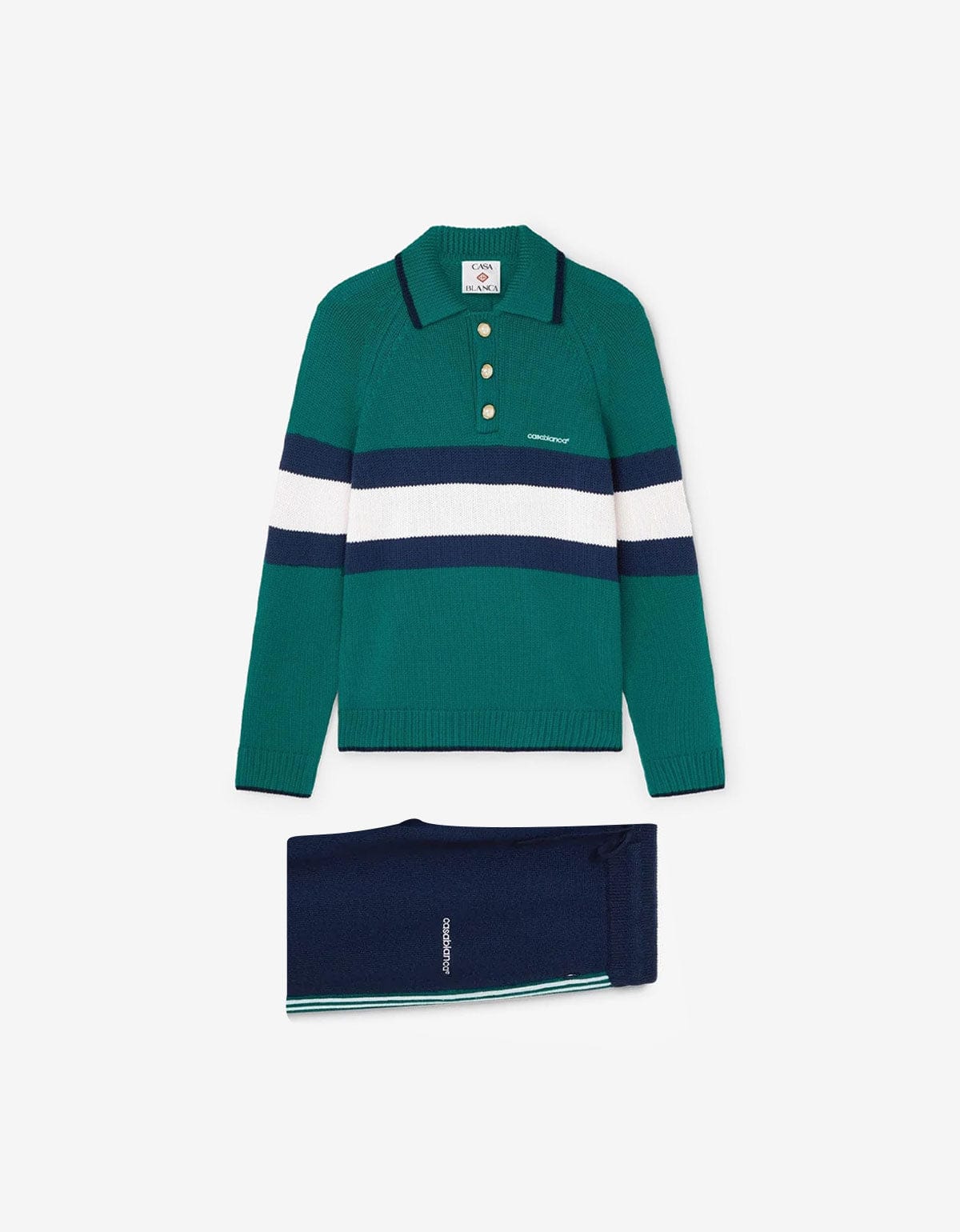Casablanca Green Colourblock Polo Shirt & Navy Blue Knit Tennis Trousers