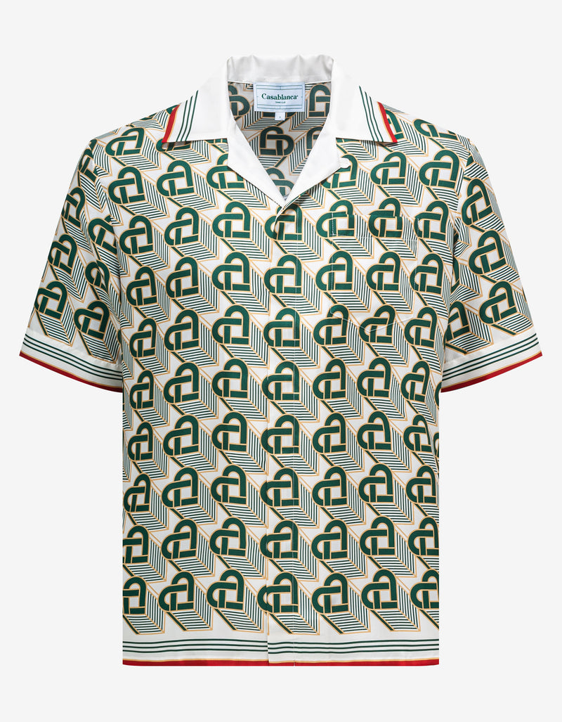 Green Heart Monogram Silk Short Sleeve Shirt