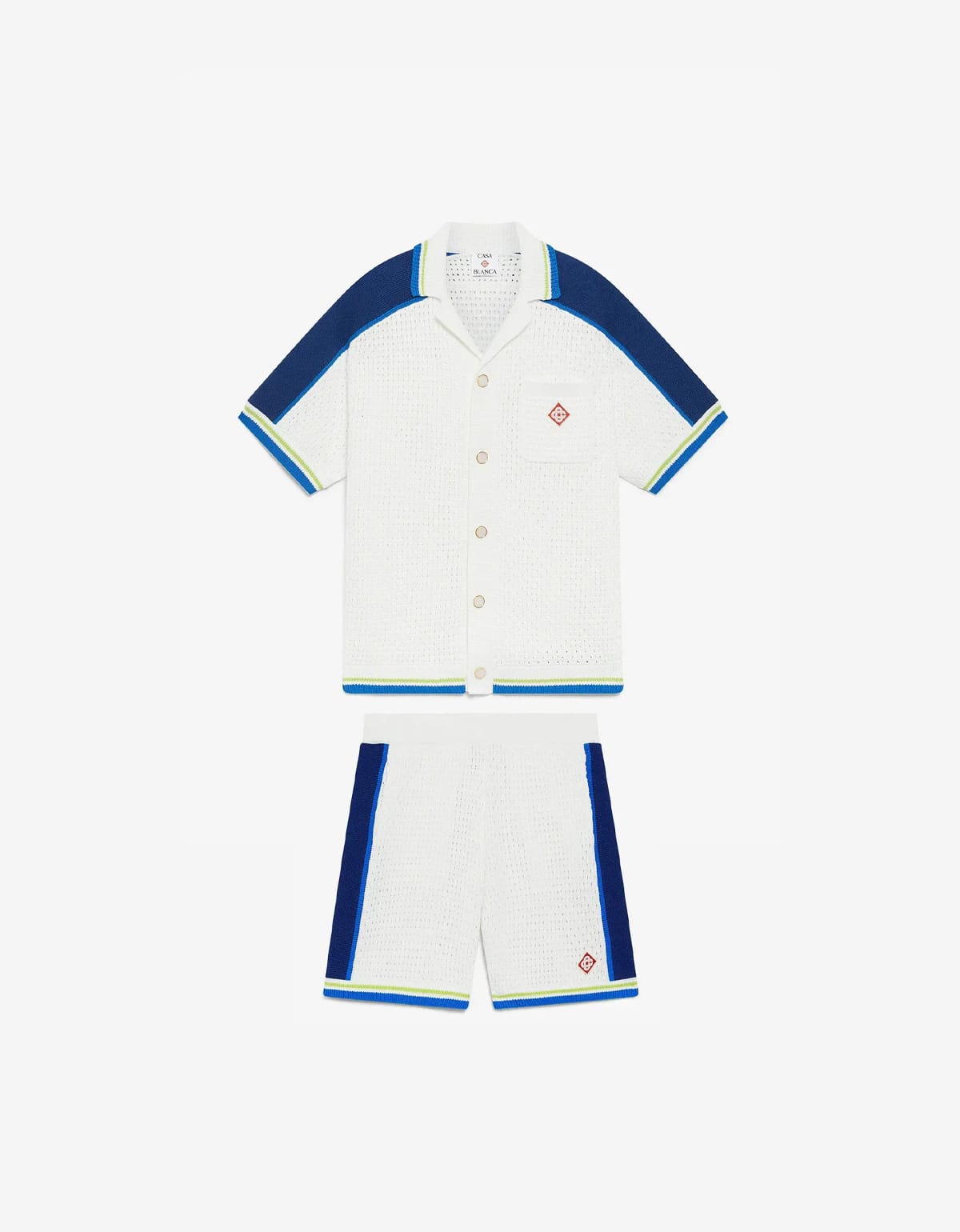 Casablanca White & Blue Short Sleeve Crochet Shirt & Shorts – mens