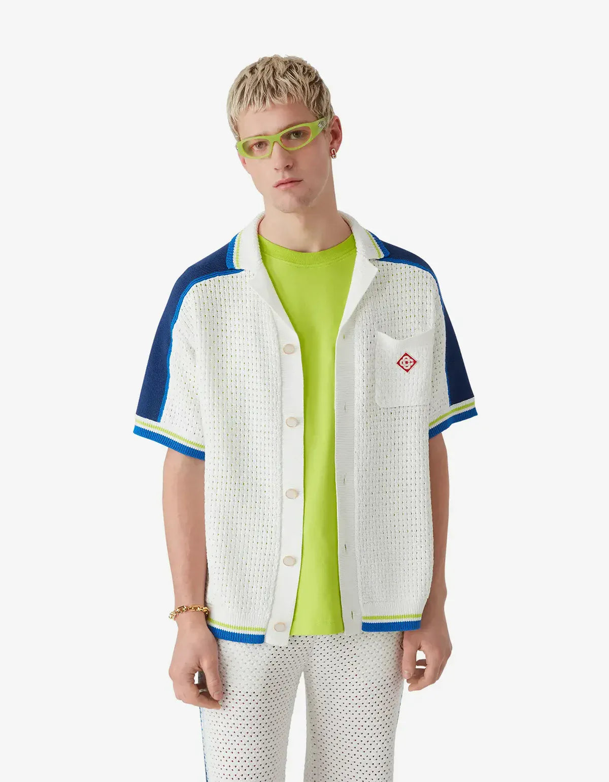 Casablanca White & Blue Short Sleeve Crochet Shirt M-SS26-KW-1310-01