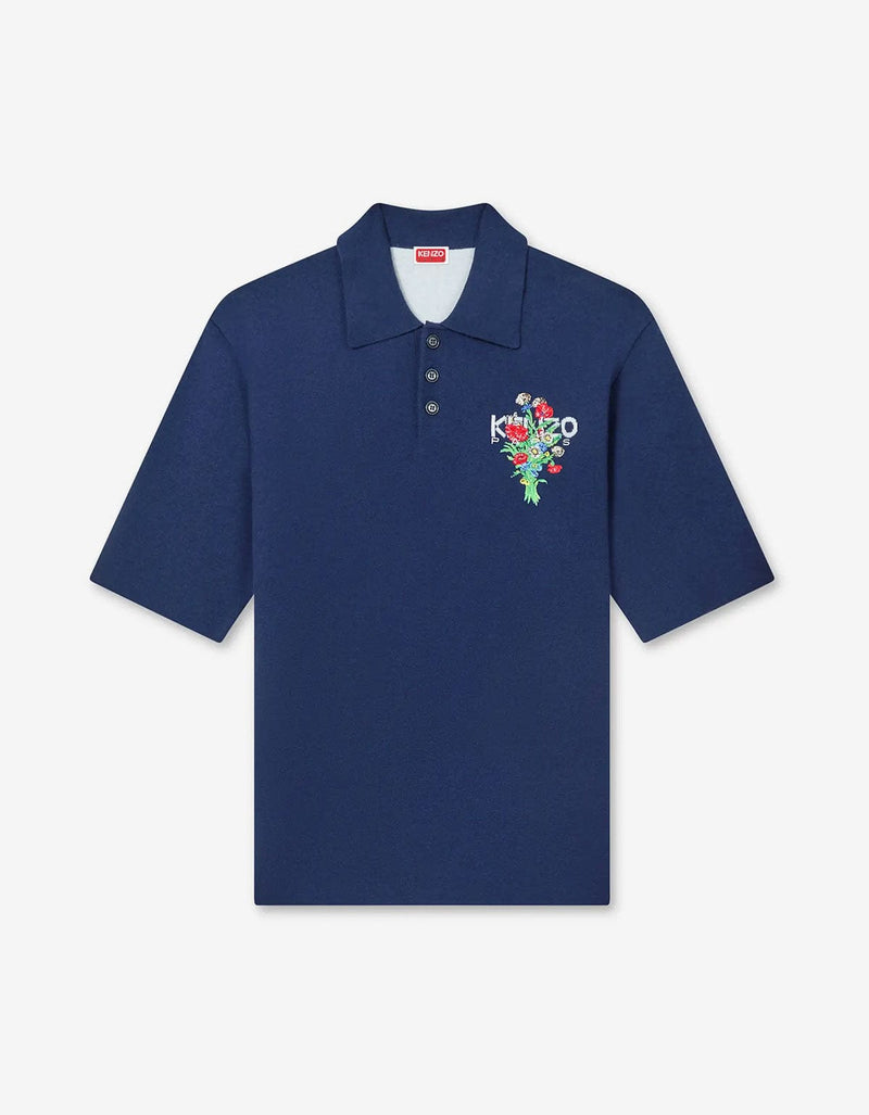 Kenzo Archive Bouquet Blue Embroidered Knit Polo FF65PO7633BG 77