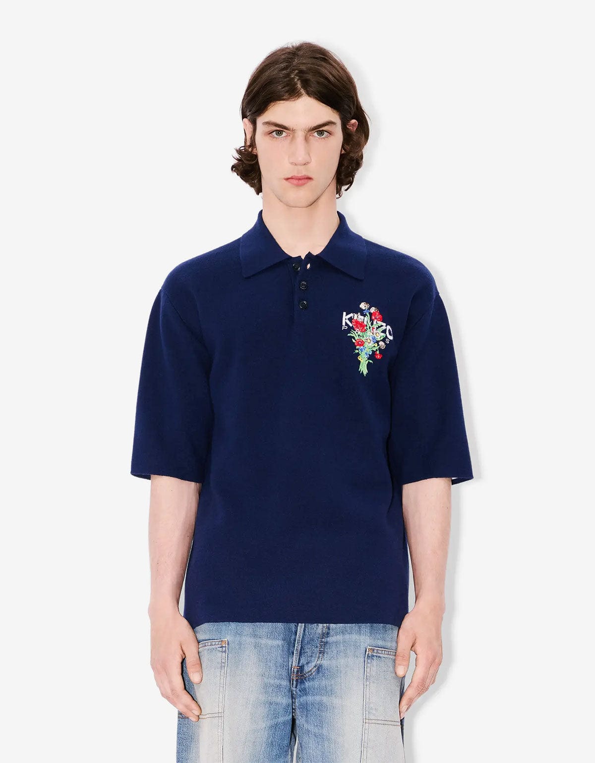 Kenzo Archive Bouquet Blue Embroidered Knit Polo Shirt – mens