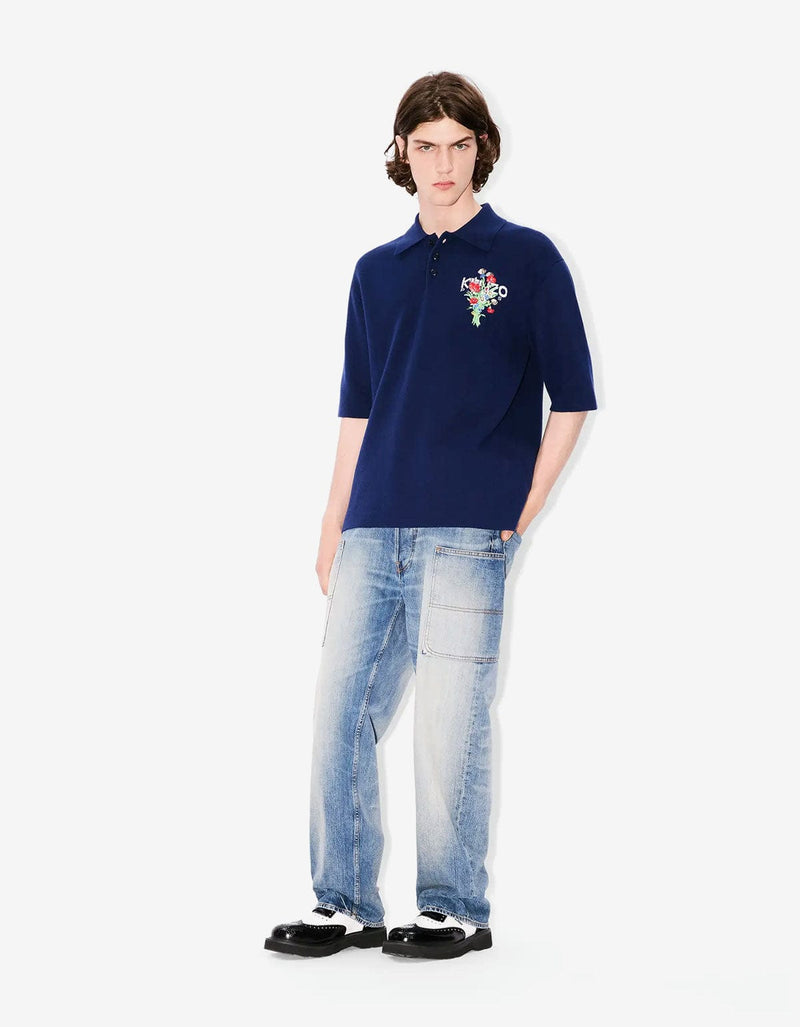 Kenzo Archive Bouquet Blue Embroidered Knit Polo FF65PO7633BG 77