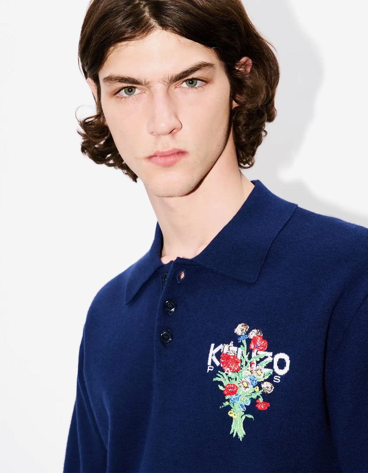 Kenzo Archive Bouquet Blue Embroidered Knit Polo Shirt – mens