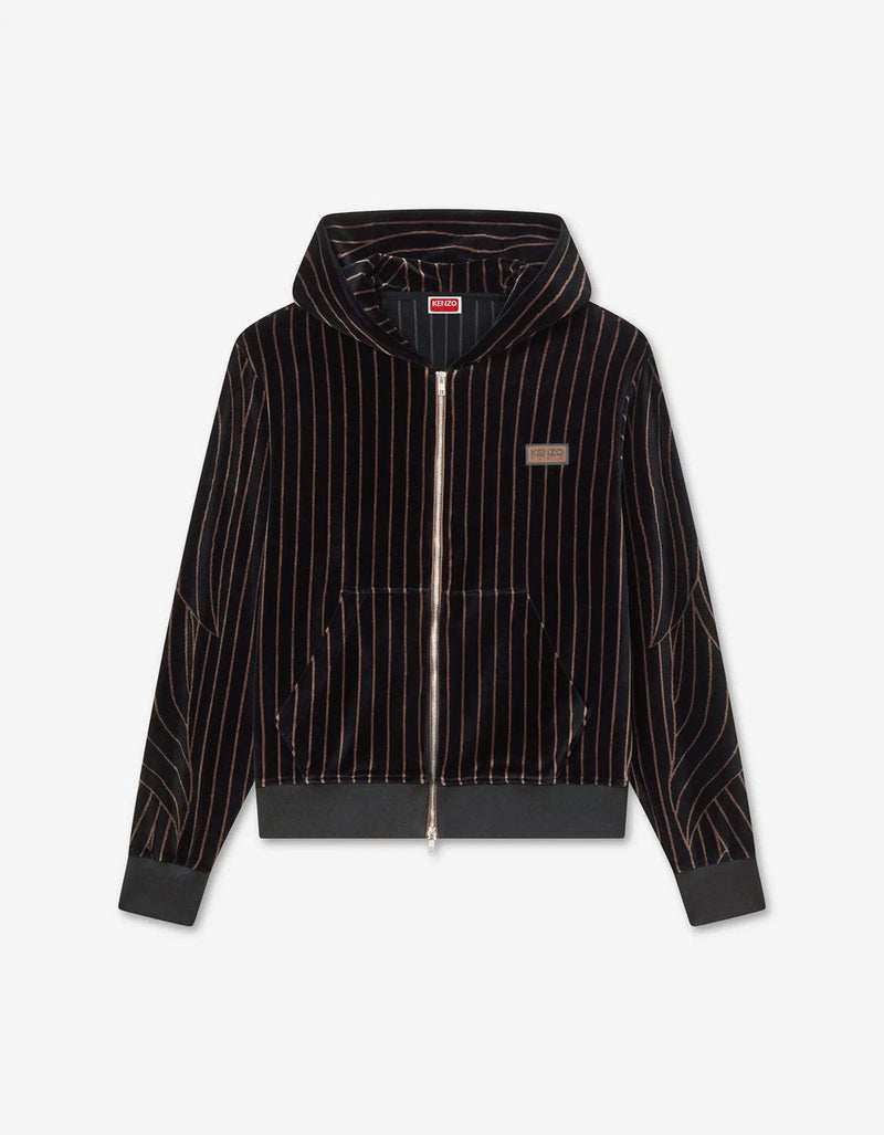 Kenzo Leaf Stripe Black Zipped Velvet Hoodie FF65HO2564JV 99J