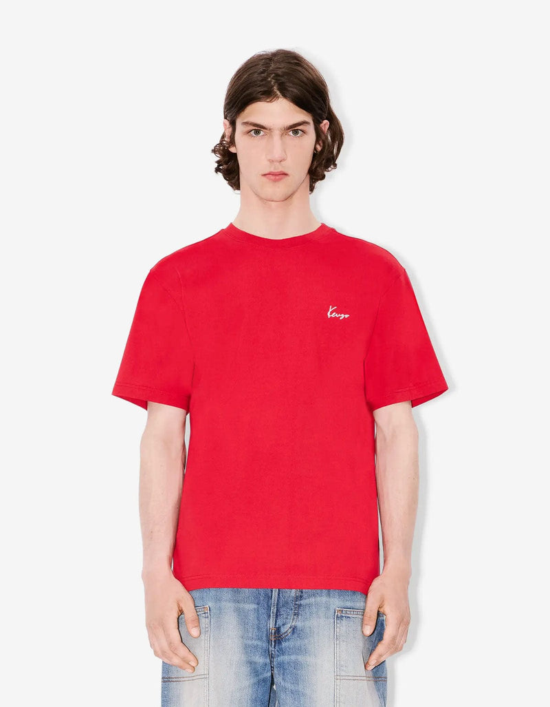 Kenzo Archive Bouquet Red T-Shirt FF65TS2604SG Model wearing a red t-shirt with a logo