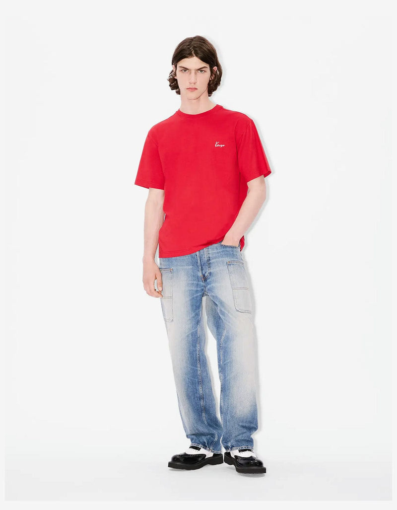 Kenzo Archive Bouquet Red T-Shirt FF65TS2604SG Model wearing a red t-shirt with a logo