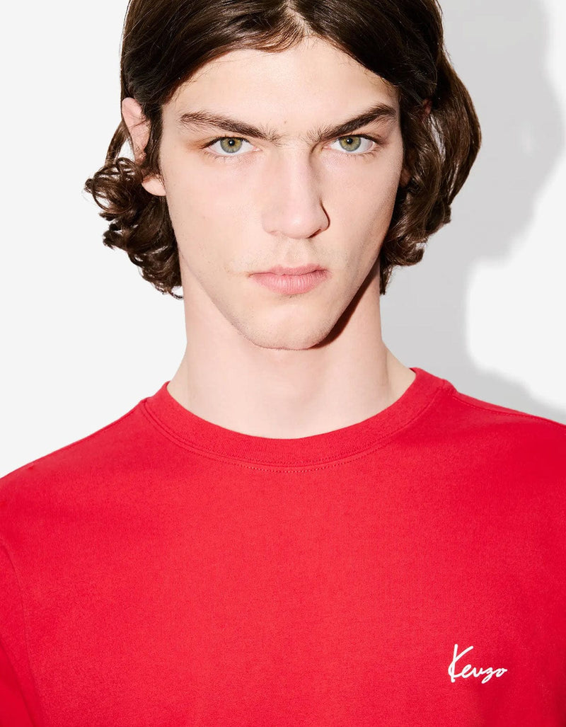 Kenzo Archive Bouquet Red T-Shirt FF65TS2604SG Model wearing a red t-shirt with a logo