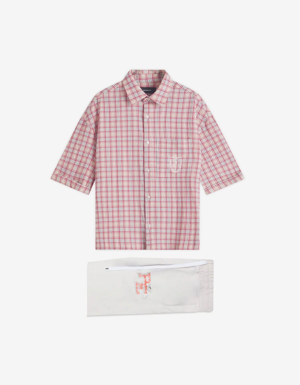 Nahmias Red Plaid Summerlandum Cropped Short Sleeve Shirt & White P.E. Cherub Baggy Sweatpants Bundle