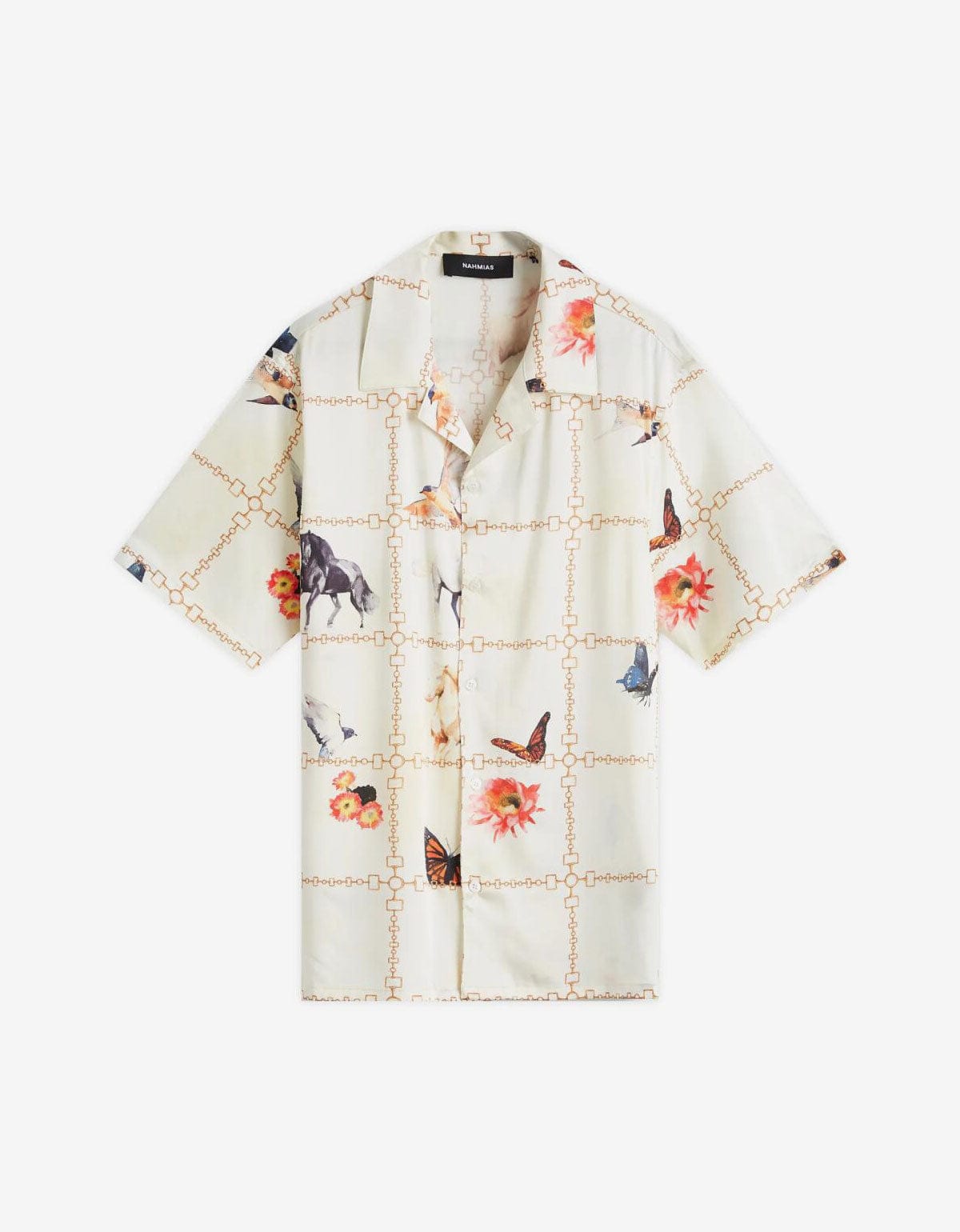 Nahmias White Wildlife Short Sleeve Silk Shirt
