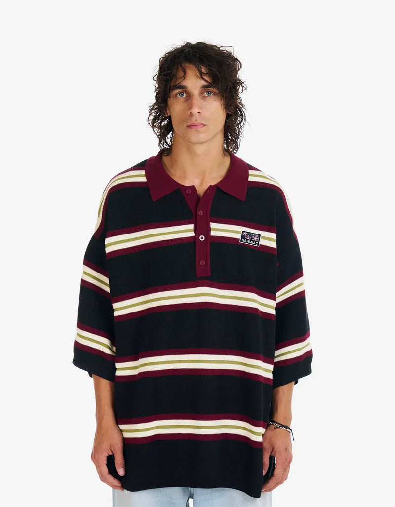 Nahmias Black Striped Knit Short Sleeve Polo Shirt KW39-CN10-019