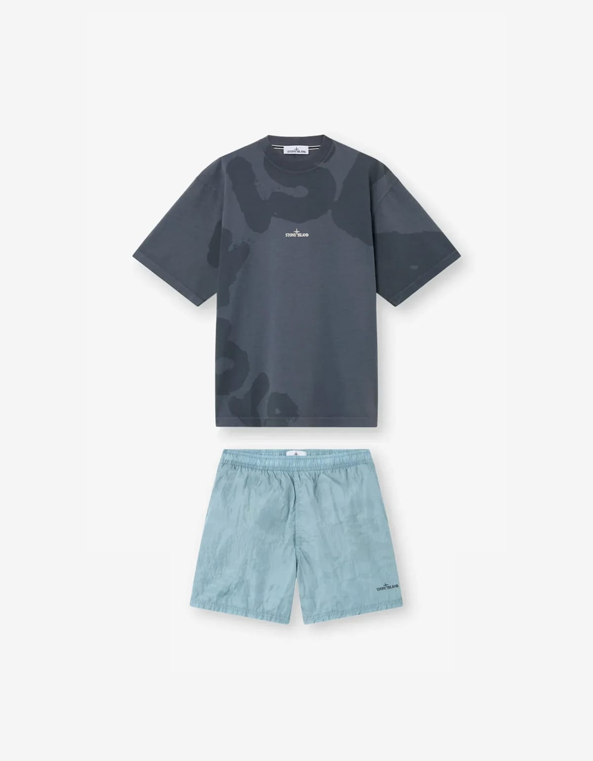 Stone Island Blue Grey ‘Whirlwind Type’ Print T-Shirt & Faded Camo Swim Shorts