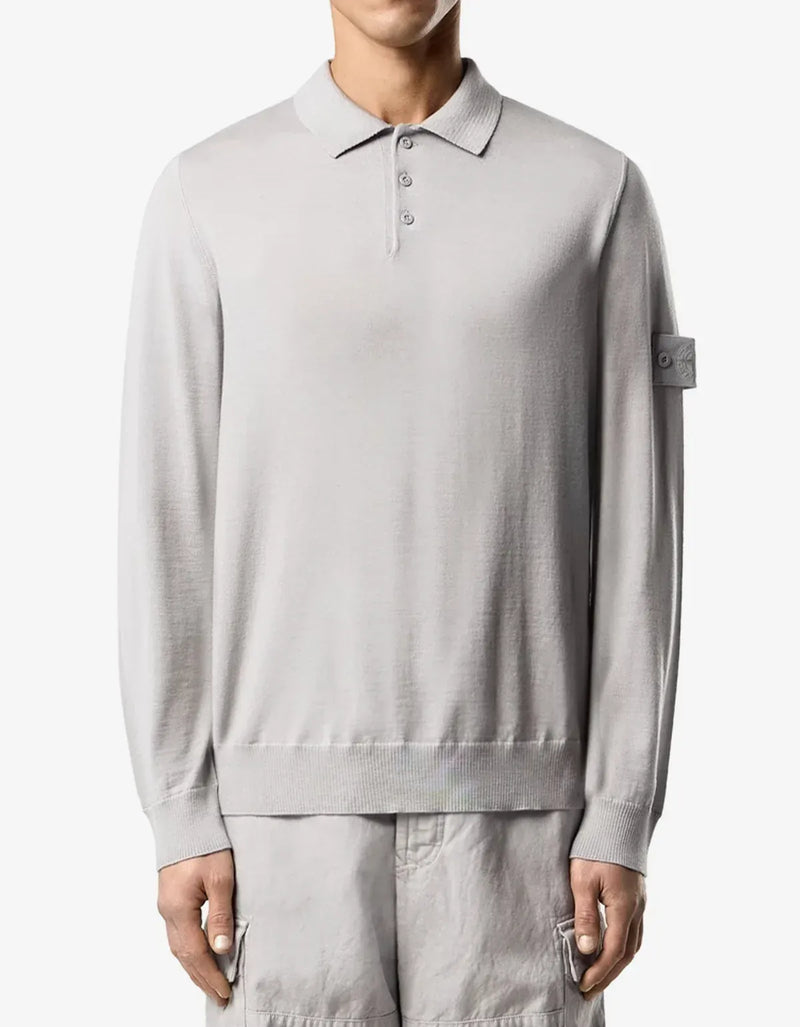 Stone Island Ghost Grey Wool Long Sleeve Polo Shirt – mens