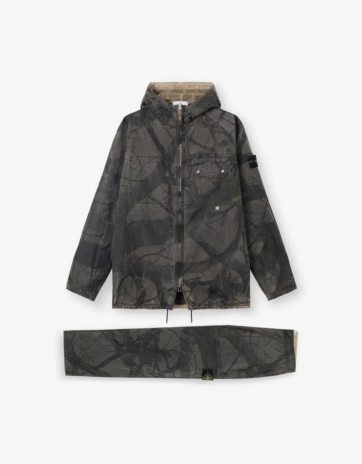 Stone Island Laser Forest Camo Crinkle Reps-TC Hooded Overshirt & Trousers