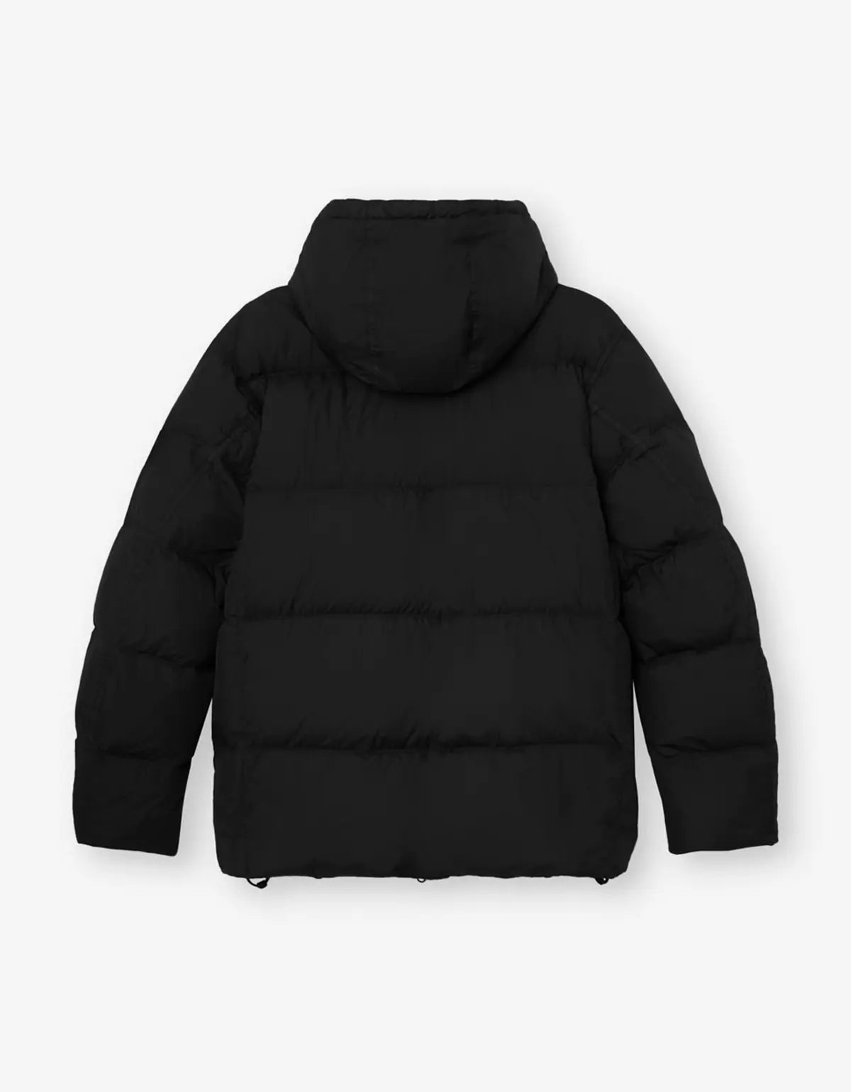 A black hooded puffer jacket shown from the back, featuring horizontal quilting and long sleeves, photographed against a light gray background.