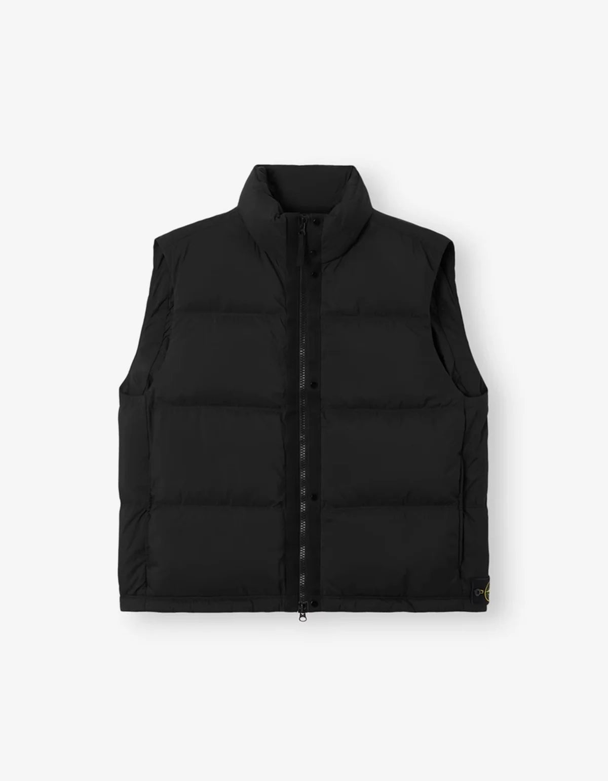 A black sleeveless puffer vest with a high collar and front zipper, shown flat against a light gray background.