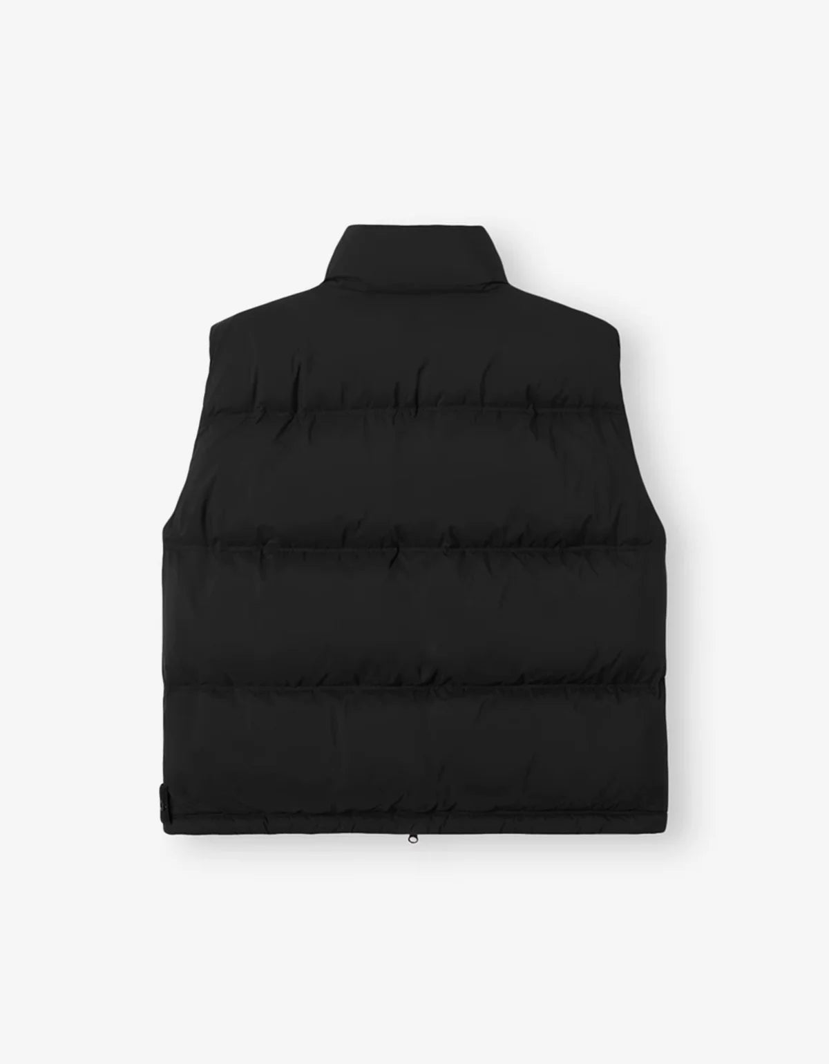 A black sleeveless puffer vest with horizontal quilting and a high stand-up collar, shown from the back on a light gray background.
