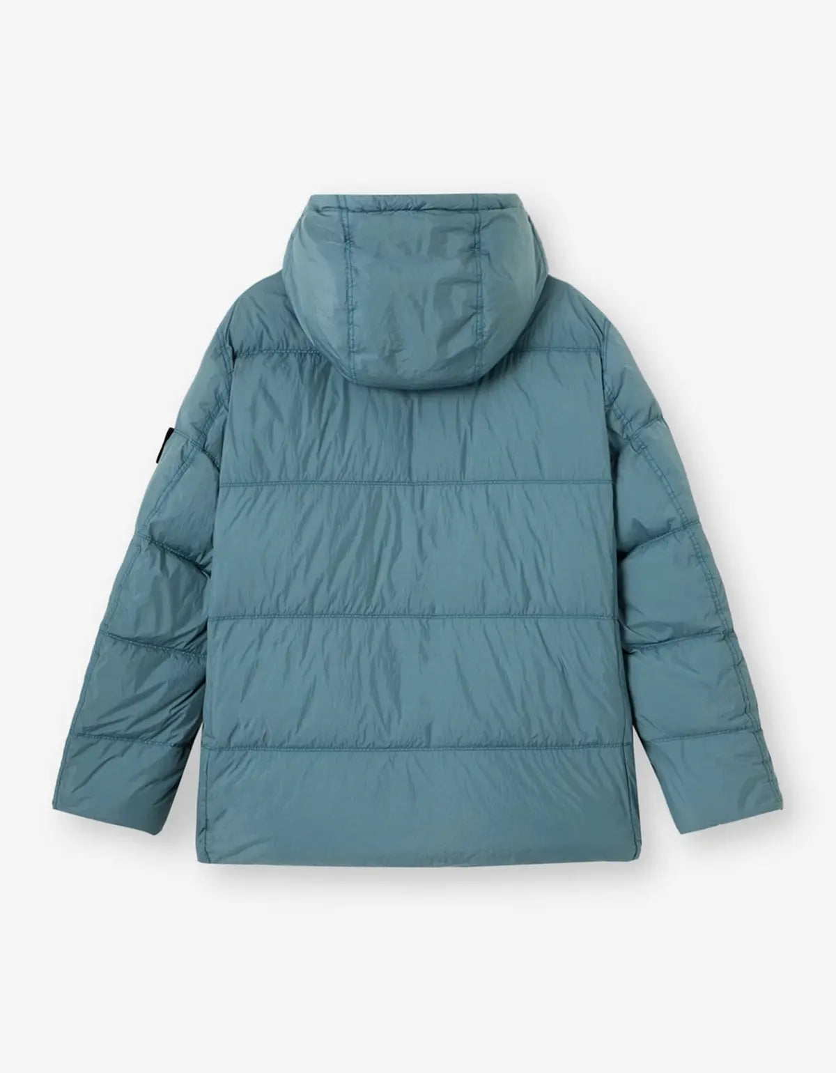 A dusty blue-green hooded puffer jacket shown from the back, featuring horizontal quilting and a smooth, slightly shiny finish, set against a light gray background.