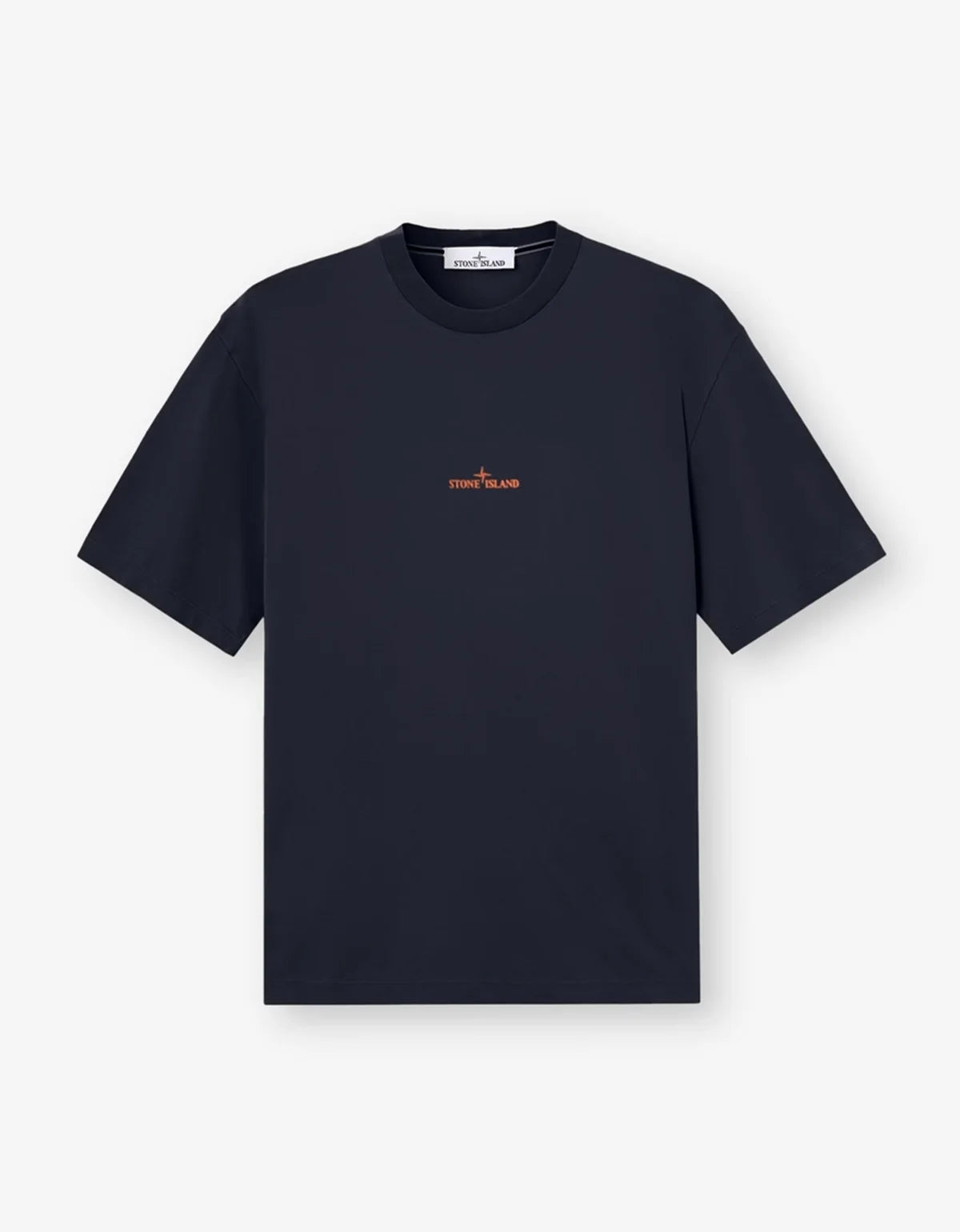 A dark navy blue short-sleeve crewneck t-shirt with a small orange 'new face' logo printed on the left chest, displayed against a light gray background.