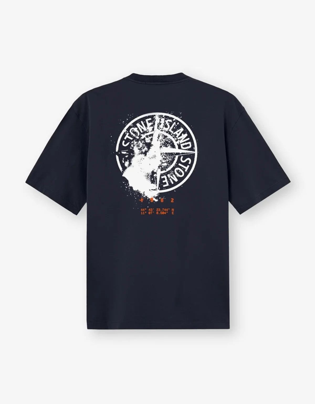 A dark navy blue short-sleeve t-shirt shown from the back, featuring a large distressed white circular Stone Island graphic with a shark motif and small orange text below.