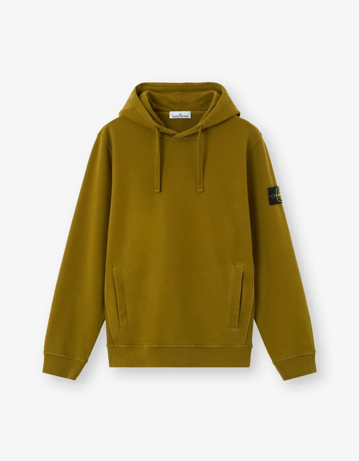 A Stone Island hooded sweatshirt in olive green, featuring a drawstring hood, kangaroo pocket, and the signature compass patch on the left sleeve, displayed against a clean white background.