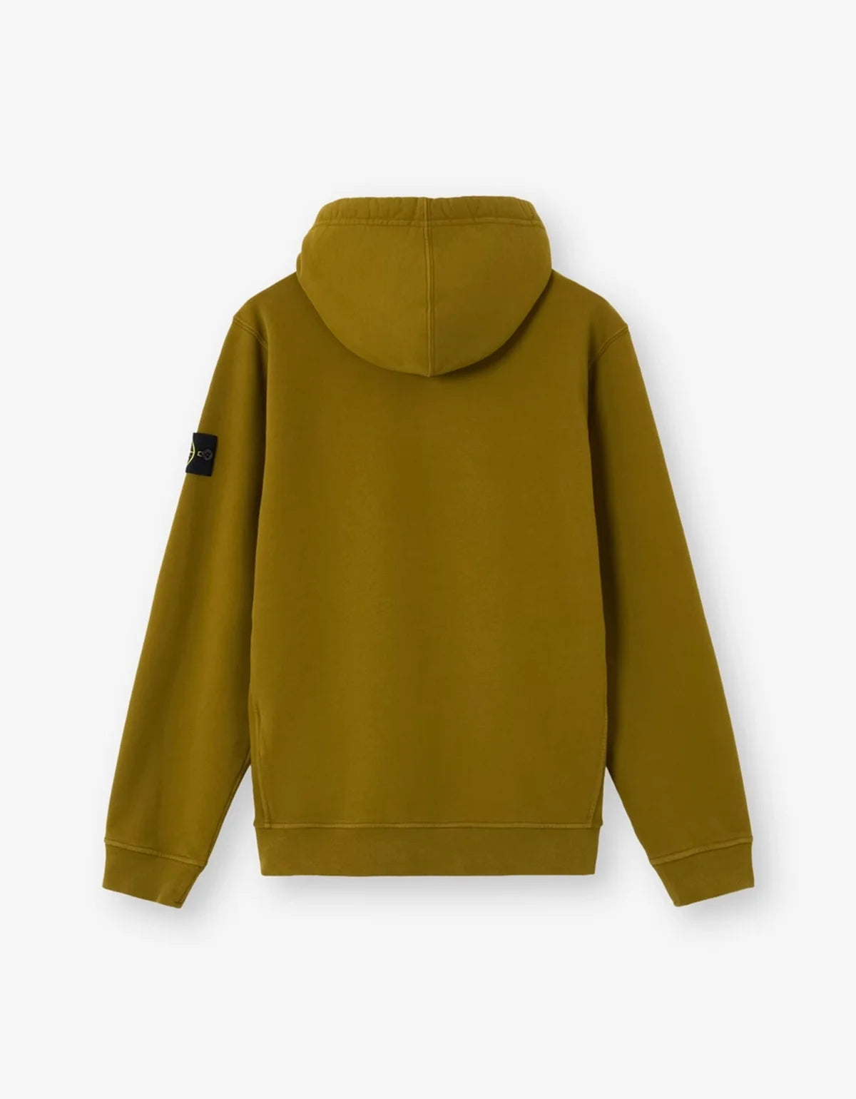 A yellow-green hooded sweatshirt shown from the back, featuring a black rectangular patch on the left sleeve, set against a plain light gray background.