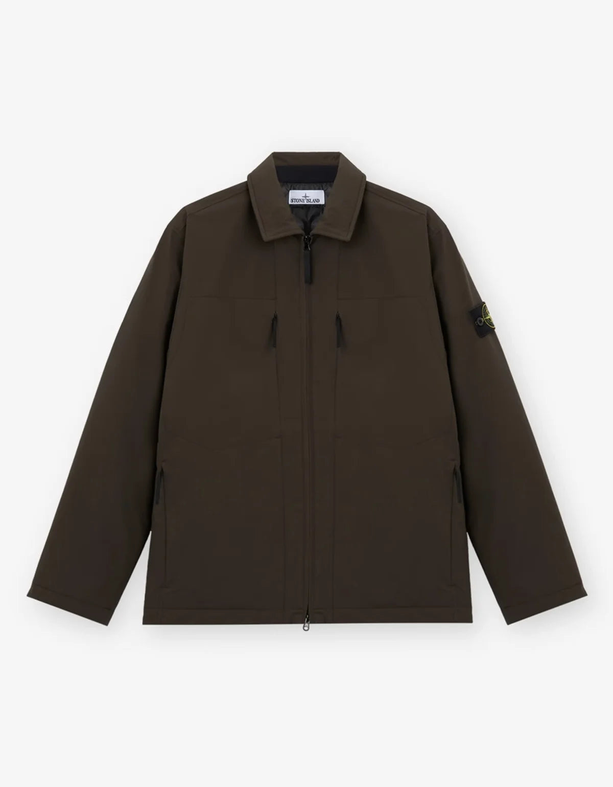 A dark brown Stone Island jacket with a zippered front, collar, and the signature compass badge on the left sleeve, displayed on a clean white background.