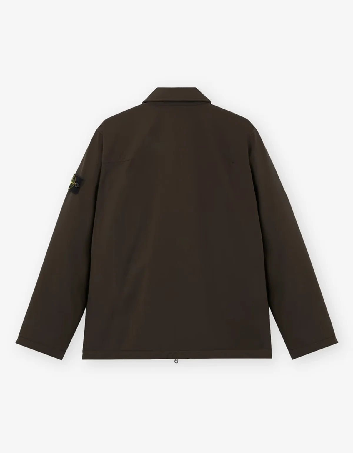 A dark brown Stone Island jacket shown from the back, featuring the signature compass badge on the left sleeve, set against a plain light gray background.