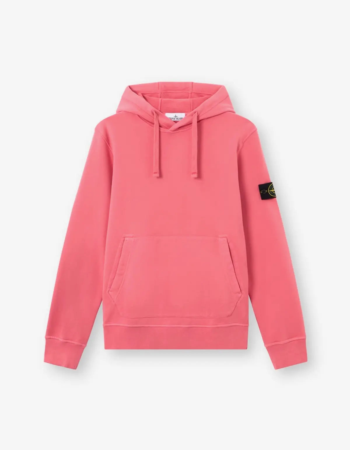 A pink Stone Island pullover hoodie with a drawstring hood, kangaroo pocket, and the signature compass patch on the left sleeve, shown against a light gray background.