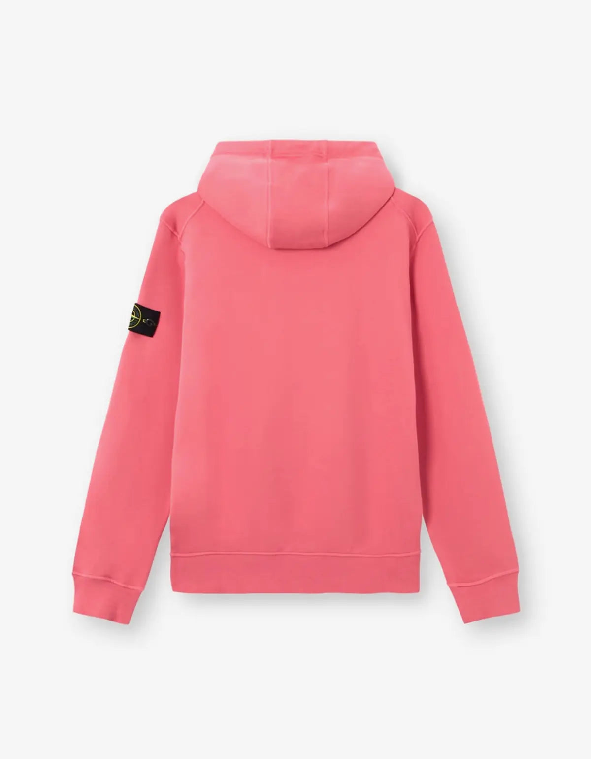 A pink Stone Island hooded sweatshirt shown from the back, featuring the brand's signature compass badge on the left sleeve, set against a clean white background.