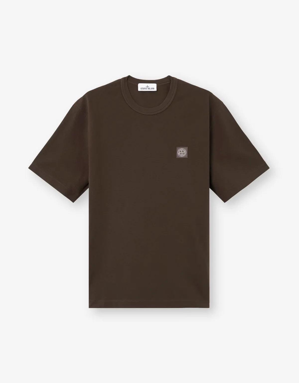 A dark grey short-sleeve crewneck t-shirt with a small square embroidered logo on the left chest, displayed flat against a white background.