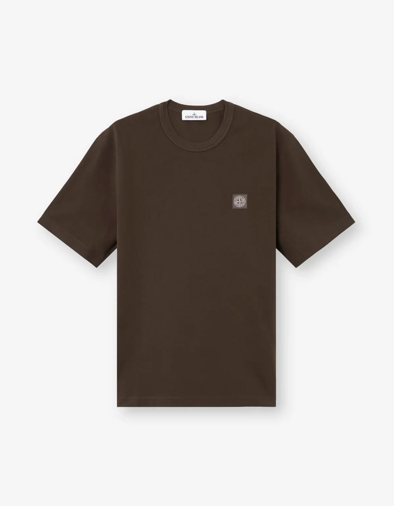 A dark grey short-sleeve crewneck t-shirt with a small square embroidered logo on the left chest, displayed flat against a white background.