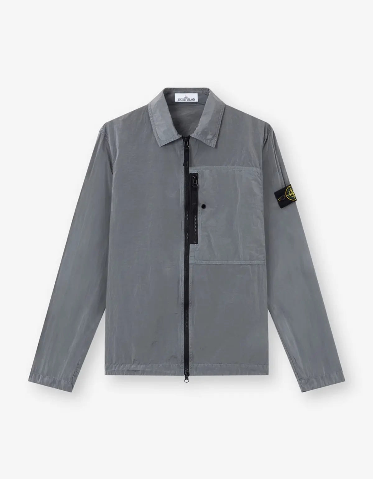 A women's long-sleeve button-up shirt in dark navy blue, featuring a gathered ruched front detail and a classic collar, shown against a light off-white background.