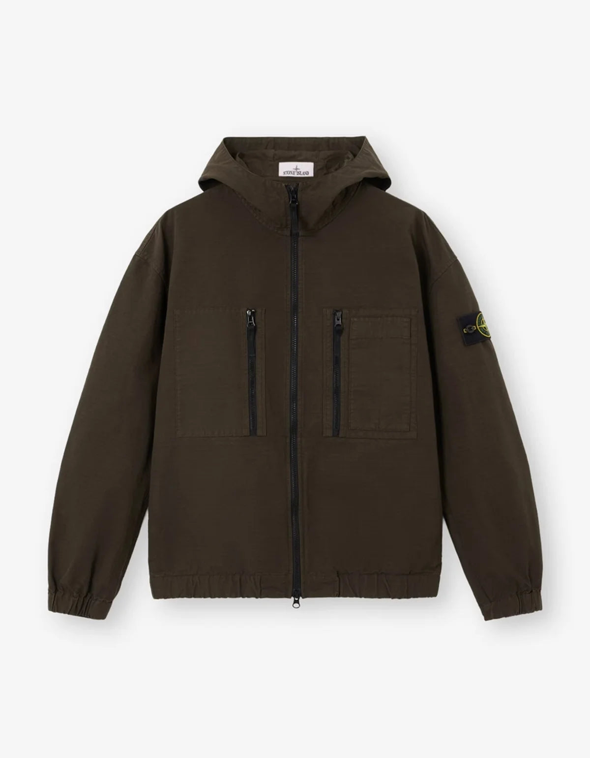 A dark brown hooded zip-up jacket with two vertical chest zip pockets, elasticized cuffs and hem, and the Stone Island compass patch on the left sleeve, shown on a light gray background.