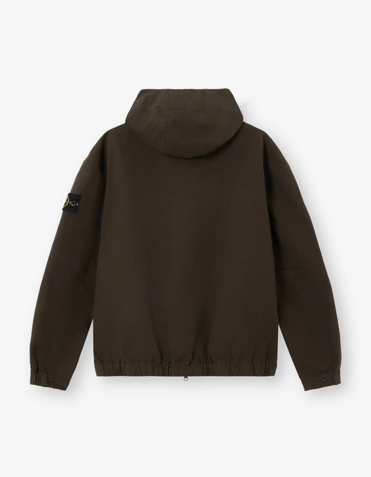 A dark brown hooded jacket shown from the back, featuring a drawstring hem and the signature Stone Island compass patch on the left sleeve, set against a light gray background.
